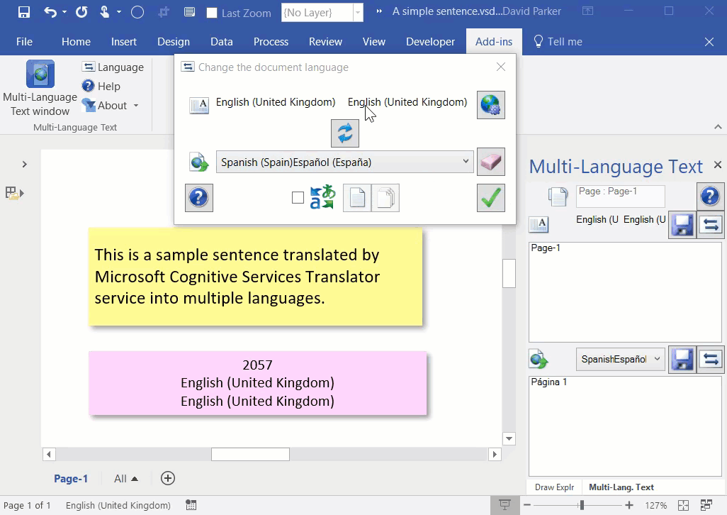 Selecting a language to automatically translate the shape and page text to.