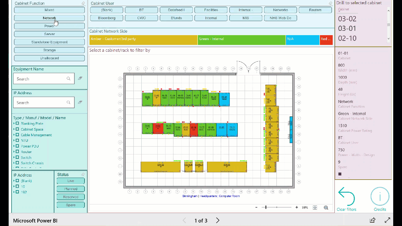 An animation of a data center floor plan in Power BI.