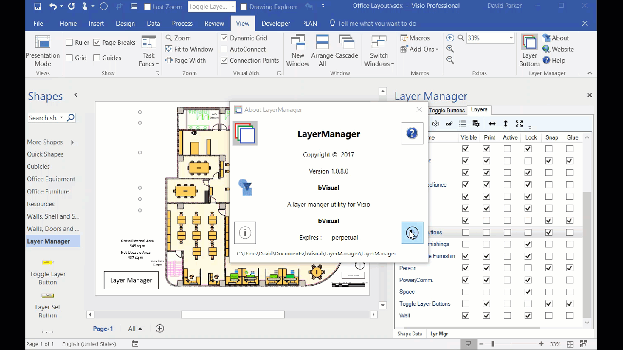 An animation of the visibility of layers in a Visio diagram being toggled.