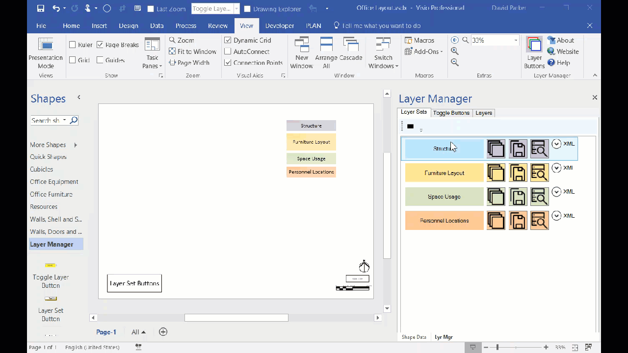 An animation of sets of layers being applied to a Visio page.