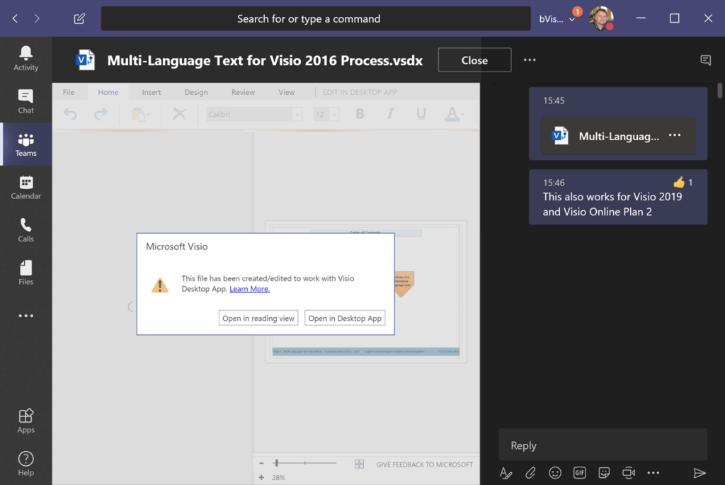 Complex Visio documents cannot be edited within Teams